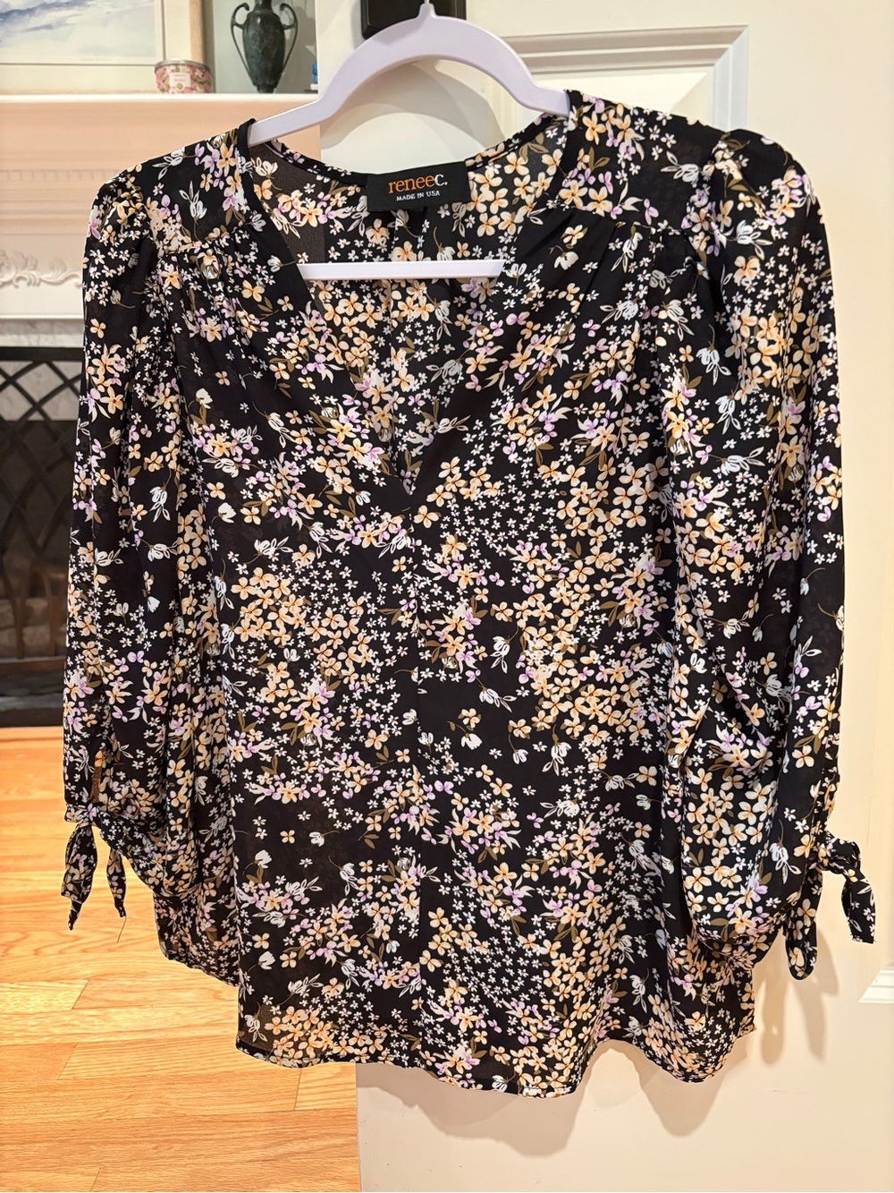 Renee C. Black Floral V-Neck Blouse
